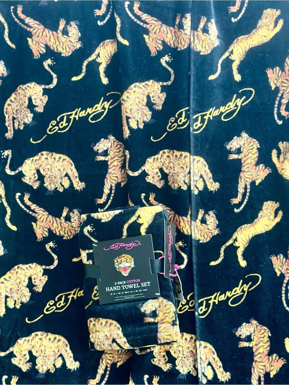 Ed Hardy Bath Towel Set + Hand Towels 4pc Tiger 100% Cotton Black Gold Y2K Decor